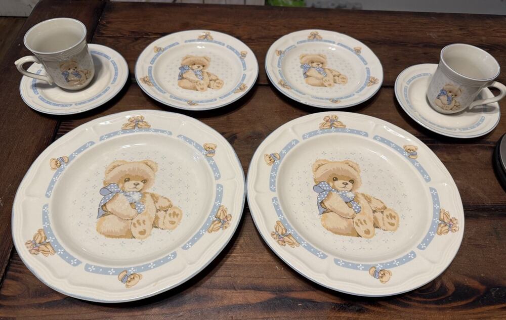 Tienshan Stoneware Country Bear Dinner &salad plates, cups & saucers set of 2 ea - Picture 1 of 16